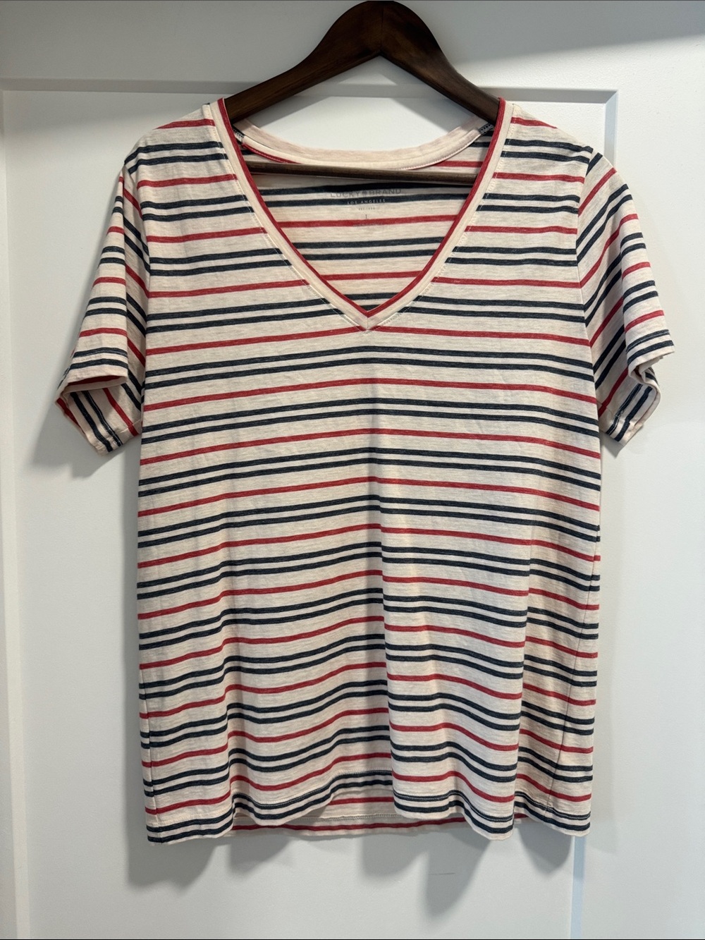 Lucky Brand Striped V-Neck Tee in Cream, Navy & Red